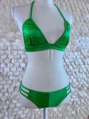 X-Small Shiny Green Rhinestone Halter Bikini Set | Triangle Top + Strappy Bottom